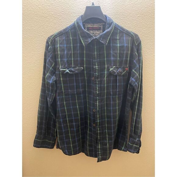 Tony Hawk Medium Plaid Flannel Collared Long Sleeve Button up  Blue Green - Picture 1 of 11